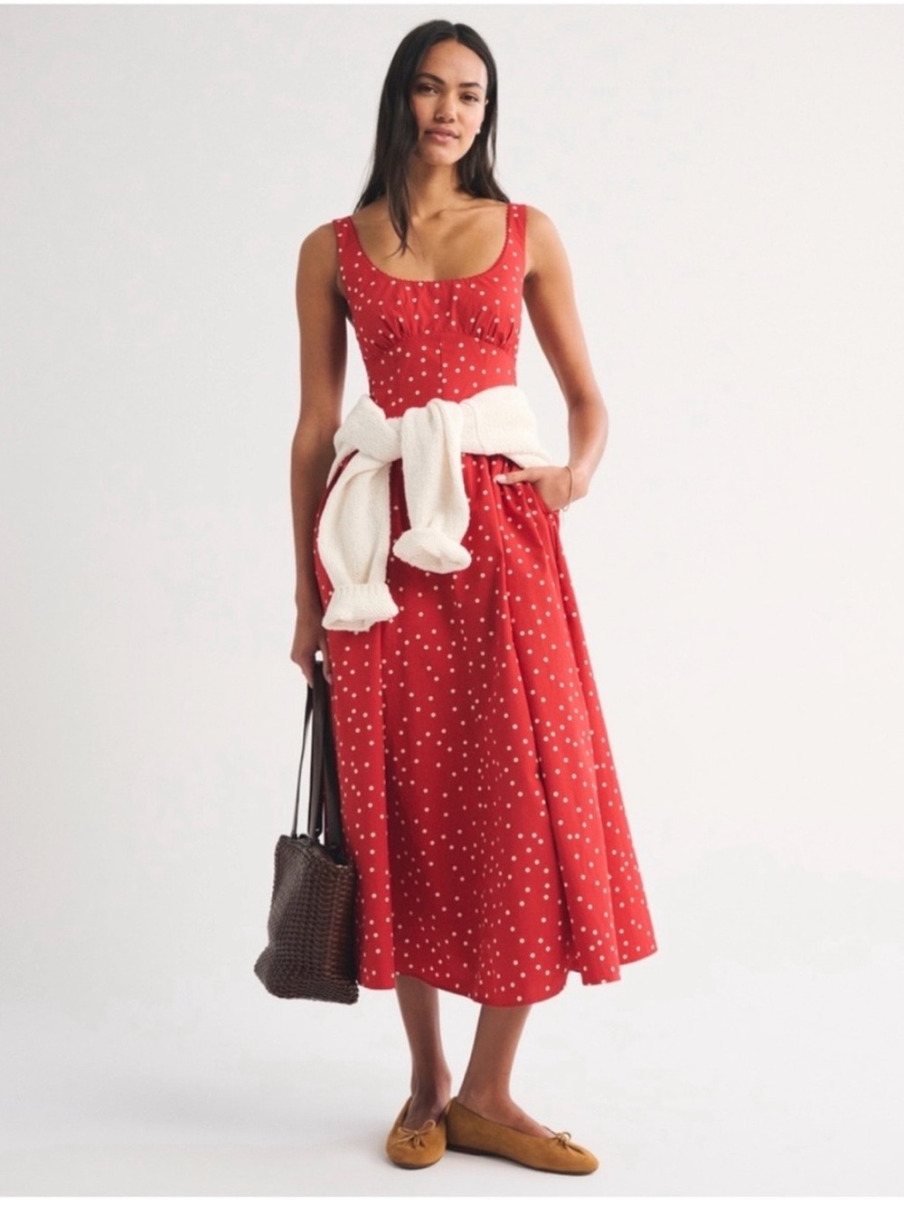 Abercrombie & Fitch - 100% Cotton Bra-Free Red Polkadot Dylan Midi Dress